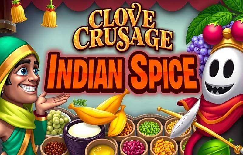Clove Crusade Indian Spice Official Cover Clove Crusade Indian Spice game cover featuring traditional Indian spices and game characters in a vibrant market setting