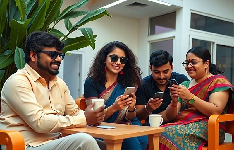 Clove Crusade Indian Spice Community Gaming Group of Indian players sitting together, laughing and playing Clove Crusade Indian Spice on their mobile phones